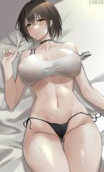 Rule 34 | 1girl, absurdres, ahoge, artist name, azur lane, baltimore (azur lane), baltimore (black ace) (azur lane), bare shoulders, bed sheet, black panties, blush, braid, breasts, brown hair, chinese commentary, choker, cleavage, closed mouth, collarbone, commentary, covered erect nipples, cowboy shot, french braid, groin, hair between eyes, highres, large breasts, larger bmx, looking at viewer, lying, navel, official alternate costume, on back, panties, revision, shadow, short hair, side-tie panties, sidelocks, solo, sports bra, stomach, strap slip, sweat, thigh gap, underwear, untied panties, wet bra, white sports bra, yellow eyes