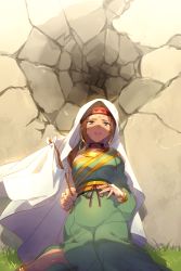 Rule 34 | 1girl, arabian clothes, bracelet, brown hair, cape, capelet, commentary request, crack, cracked wall, dark-skinned female, dark skin, dress, earrings, echo (circa), fate/grand order, fate (series), flag, green dress, hairband, holding, holding flag, hood, hooded capelet, hoop earrings, jewelry, lips, lipstick, long hair, looking at viewer, makeup, mouth veil, necklace, open mouth, ring, siduri (fate), solo, veil, wall, white cape, white flag, white hood