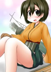 Rule 34 | 10s, 1girl, :d, arrow (projectile), blush, bow (weapon), breasts, brown eyes, brown hair, flight deck, hand on own knee, hiryuu (kancolle), japanese clothes, kantai collection, large breasts, open mouth, ouno (nounai disintegration), quiver, short hair, sitting, skirt, smile, solo, weapon