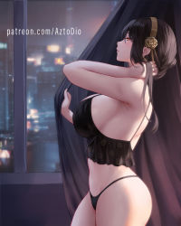 Rule 34 | 1girl, arm up, artist name, ass, aztodio, bare arms, black camisole, black hair, black panties, breasts, camisole, cowboy shot, curtain grab, curtains, from side, gold hairband, hairband, hand on own neck, indoors, large breasts, looking at viewer, midriff, panties, patreon username, red eyes, sideboob, sidelocks, solo, spy x family, standing, thighs, underwear, underwear only, window, yor briar