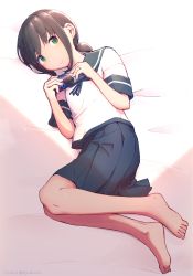 Rule 34 | 1girl, bare legs, barefoot, blush, brown hair, closed mouth, commentary request, dated, food, fubuki (kancolle), highres, holding, holding food, jewelry, kantai collection, long hair, looking at viewer, low ponytail, lying, nakaaki masashi, on side, oreo, pleated skirt, ponytail, ring, school uniform, serafuku, short ponytail, short sleeves, sidelocks, skirt, smile, solo, twitter username, wedding band