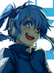 Rule 34 | 1girl, blue eyes, blue hair, character name, ene (kagerou project), fang, headphones, jacket, jersey, kagerou project, looking at viewer, lowrain, matching hair/eyes, open mouth, short hair, smile, solo, track jacket, twintails