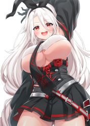 Rule 34 | 1girl, :d, absurdly long hair, anchor symbol, arm up, armpits, azur lane, bare shoulders, black gloves, black hairband, black necktie, black sleeves, blush, breasts, commentary request, cowboy shot, crop top, detached sleeves, from below, gloves, hair between eyes, hairband, high-waist skirt, highres, iron blood (emblem), large breasts, long hair, looking at viewer, mole, mole under eye, necktie, open mouth, parted bangs, pleated skirt, pouch, prinz heinrich (azur lane), red eyes, ribbed shirt, ruima, shirt, sidelocks, simple background, skirt, smile, solo, standing, strap, teeth, underboob, upper teeth only, very long hair, white background, white hair, white shirt