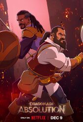 Rule 34 | 2boys, arm hair, artist request, back-to-back, beard, collared shirt, dark-skinned male, dark skin, dragon age, dragon age: absolution, dragon age absolution, dwarf, embers, facial hair, feet out of frame, highres, holding, holding shield, holding sword, holding weapon, lacklon (dragon age), long beard, looking at viewer, male focus, mature male, multiple boys, muscular, muscular male, netflix, official art, pants, ponytail, roland (dragon age), shield, shirt, sideburns, sleeves rolled up, smile, standing, sword, very dark skin, weapon