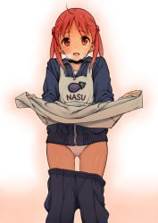 Rule 34 | 1girl, apron, apron lift, bad id, bad pixiv id, brown eyes, clothes lift, clothes pull, hair bobbles, hair ornament, isshiki momo, jacket, panties, pants, pants pull, pink hair, sabo1038, short hair, solo, tears, track jacket, track pants, track suit, twintails, underwear, vividred operation, white panties