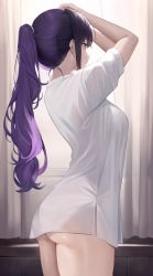 Rule 34 | 1girl, arms up, ass, breasts, cowboy shot, from side, hands on own head, highres, large breasts, long hair, looking away, looking to the side, no panties, original, ponytail, preview (preview0), profile, purple hair, shirt, sidelocks, sleeves rolled up, solo, standing, thighs, underbutt, wavy hair, white shirt
