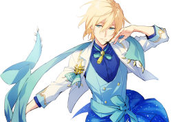 Rule 34 | 10s, 1boy, bad id, bad pixiv id, blonde hair, blue eyes, cowboy shot, ensemble stars!, headset, jacket, light smile, looking to the side, male focus, open clothes, open jacket, sash, scarf, simple background, solo, tenshouin eichi, waistcoat, white background, xia (ryugo)