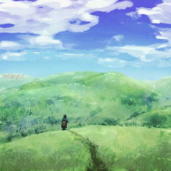 Rule 34 | 00s, 1girl, androgynous, artist request, cloud, from behind, grass, hat, hermes (kino no tabi), hill, kino (kino no tabi), kino no tabi, motor vehicle, motorad, motorcycle, nature, short hair, sky, solo, vehicle