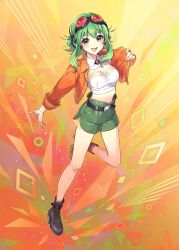 Rule 34 | 1girl, absurdres, belt, black footwear, boots, brooch, collar, commentary, crop top, cross-laced footwear, detached collar, full body, goggles, goggles on head, green eyes, green hair, green shorts, gumi, gumi (ai megpoid), headphones, high heel boots, high heels, highres, holding, holding clothes, holding jacket, jacket, jewelry, lace-up boots, leg up, looking at viewer, medium hair, midriff, nou (nounknown), official art, open mouth, orange background, orange jacket, red goggles, second-party source, shirt, shorts, sidelocks, smile, solo, standing, standing on one leg, vocaloid, white collar, white shirt