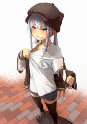 Rule 34 | 1girl, black thighhighs, blue skirt, blush, brown hat, brown jacket, clothes pull, commentary request, denim, denim skirt, fu-ta, grey hair, hat, highres, jacket, miniskirt, nose blush, original, quad tails, shirt, shirt pull, short sleeves, skirt, smile, solo, standing, sweat, thighhighs, twintails, undressing, white shirt, zettai ryouiki