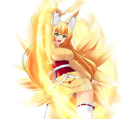 Rule 34 | 1girl, animal ears, arm up, blonde hair, breasts, butter-t, female focus, fox ears, fox tail, green eyes, impossible clothes, japanese clothes, kitsune, large breasts, long hair, magic, multiple tails, open mouth, original, ribbon-trimmed legwear, ribbon trim, solo, tail, thighhighs, white thighhighs, zettai ryouiki