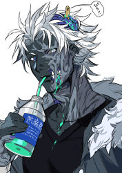 Rule 34 | 1boy, azaya (kuroi azaya), black shirt, black skin, blue eyes, colored sclera, colored skin, cup, drink, drinking straw, drinking straw in mouth, exposed brain, exposed muscle, fur-trimmed jacket, fur collar, fur trim, glasgow smile, grey jacket, grey sclera, grey skin, hand up, heterochromia, holding, holding cup, holding drink, jacket, looking at viewer, male focus, mismatched sclera, original, shirt, short hair, simple background, solo, upper body, white background, white eyes, white hair, worm, zombie