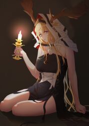 Rule 34 | 1girl, absurdres, antlers, arknights, bare arms, bare shoulders, black background, black dress, blonde hair, calvaires, candle, candlestand, commentary, dress, highres, holding, holding candle, hood, horns, long hair, looking at viewer, parted lips, purple eyes, sitting, solo, symbol-only commentary, thighs, very long hair, viviana (arknights)