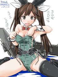 Rule 34 | 10s, 1girl, 2017, adapted costume, animal ears, asymmetrical legwear, bare shoulders, breasts, brown hair, cannon, character name, cleavage, dated, detached collar, fake animal ears, flight deck, hair between eyes, hair ribbon, kantai collection, leotard, long hair, looking at viewer, machinery, open mouth, playboy bunny, rabbit ears, rabbit tail, ribbon, single thighhigh, small breasts, solo, tail, tatsumi ray, tears, thighhighs, tone (kancolle), tone kai ni (kancolle), turret, twintails, twitter username, uneven legwear