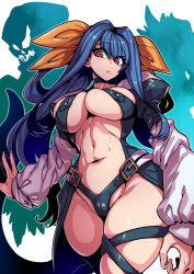 Rule 34 | 1girl, areola slip, asymmetrical wings, belt, black panties, blue hair, breast press, breasts, choker, cleavage, detached sleeves, dizzy (guilty gear), fingernails, guilty gear, guilty gear x, guilty gear xx, hair between eyes, hair ribbon, hair rings, highres, large breasts, long hair, long sleeves, looking at viewer, looking down, midriff, monster girl, navel, necro (guilty gear), open mouth, panties, partially visible vulva, puffy long sleeves, puffy sleeves, red eyes, ribbon, sharp fingernails, simple background, skindentation, solo, stomach, tail, thick thighs, thigh strap, thighs, toned, tukiwani, twintails, underboob, underwear, wings, yellow ribbon