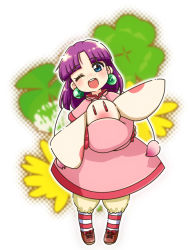 Rule 34 | 1girl, ;d, animal, bloomers, blue eyes, blush, bow, clover, dress, earrings, flower, four-leaf clover, freckles, full body, game arts, grandia, grandia i, jewelry, kaipo, one eye closed, open mouth, purple hair, puui (grandia), shoes, smile, solo, striped clothes, striped thighhighs, sue (grandia), thighhighs, underwear, white bloomers, wink