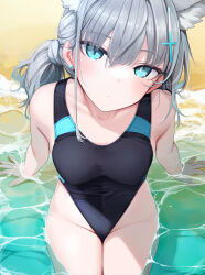 Rule 34 | 1girl, animal ear fluff, animal ears, aqua eyes, arm support, beach, blue archive, blush, breasts, collarbone, competition swimsuit, covered navel, cross hair ornament, earrings, fed (giba), grey hair, groin, hair ornament, head tilt, highres, jewelry, looking at viewer, looking up, medium breasts, mismatched pupils, official alternate costume, on ground, one-piece swimsuit, shallow water, shiroko (blue archive), shiroko (swimsuit) (blue archive), side ponytail, sitting, solo, stud earrings, swimsuit, two-tone one-piece swimsuit, water, wolf ears