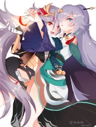 Rule 34 | 2girls, :d, bare shoulders, black hair, blue eyes, china dress, chinese clothes, dress, earrings, fu hua, fu hua (azure empyrea), fu hua (herrscher of sentience), hair over one eye, highres, honkai (series), honkai impact 3rd, jewelry, long hair, long sleeves, looking at viewer, multiple girls, open mouth, ponytail, red eyes, simple background, single earring, smile, yuyuyu starrail