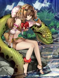 Rule 34 | 1girl, animal, anklet, armlet, bad id, bad pixiv id, bangle, bare legs, barefoot, barefoot sandals (jewelry), bracelet, breasts, bridal gauntlets, brown hair, cleavage, fingernails, giant snake, hair ornament, hairband, highres, jewelry, kaizin rumble, leather, long fingernails, long hair, lots of jewelry, midriff, miniskirt, navel, original, oversized animal, primcoco, shiny skin, sitting, skirt, snake, soaking feet, solo, traditional clothes, tribal, water, zakum