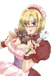 Rule 34 | 1girl, between breasts, blonde hair, blue eyes, breasts, cleavage, glasses, headdress, kinmedai pink, large breasts, maid, maid headdress, mini person, miniboy, open mouth, person between breasts, ribbon, short hair, solo, valentine, whisk