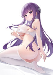 Rule 34 | 1girl, absurdres, ass, blunt bangs, blush, bottomless, breasts, covered erect nipples, crop top, fern (sousou no frieren), floating hair, from below, from side, highres, k.t.cube, large breasts, long hair, looking at viewer, open mouth, purple eyes, purple hair, purple pupils, see-through, seiza, sideboob, sidelocks, simple background, sitting, soles, solo, sousou no frieren, thighhighs, underboob, undressing, very long hair, white background, white thighhighs