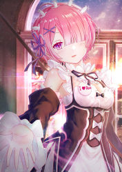 Rule 34 | 1girl, badge, black ribbon, breasts, cleavage, detached collar, detached sleeves, dress, english text, evening, frilled dress, frills, hair ornament, hair over one eye, hair ribbon, highres, indoors, kimikimi, looking at viewer, maid, maid headdress, medium breasts, neck ribbon, open mouth, outstretched arm, pink eyes, pink hair, ram (re:zero), re:zero kara hajimeru isekai seikatsu, reaching, reaching towards viewer, ribbon, short hair, smile, solo, twilight, wide sleeves, window, x hair ornament