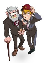 Rule 34 | 2boys, beer can, blonde hair, can, drink can, facial hair, food, glasses, gravity falls, gyosone, hat, holding, holding food, jacket, looking at viewer, mob psycho 100, multiple boys, necktie, old, old man, reigen arataka, smile, stanford pines, takoyaki, trait connection