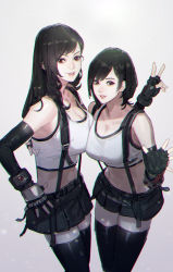 Rule 34 | 2girls, alternate hair length, alternate hairstyle, asymmetrical docking, black hair, black shorts, black thighhighs, breast press, breasts, cleavage, collarbone, crop top, elbow gloves, final fantasy, final fantasy vii, fingerless gloves, gloves, highres, large breasts, leaning forward, long hair, midriff, multiple girls, open hand, parted lips, passimo, red eyes, short hair, shorts, smile, suspenders, swept bangs, tank top, thighhighs, tifa lockhart, time paradox, v, white tank top