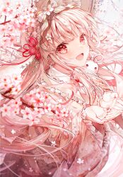 Rule 34 | 1girl, :d, absurdres, blunt bangs, branch, cherry blossom print, cherry blossoms, cowboy shot, cupping hands, dress, eyebrows hidden by hair, floral print, flower, frills, hair ornament, hairclip, hat, highres, lace, long hair, long sleeves, nail polish, noyu (noyu23386566), open mouth, original, own hands together, petals, pink dress, pink hair, rabbit, red eyes, sidelocks, smile, solo