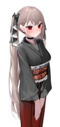 Rule 34 | 1girl, alternate breast size, azur lane, black kimono, blush, breasts, bright pupils, choker, closed mouth, cowboy shot, formidable (azur lane), from side, grey hair, hair behind ear, highres, japanese clothes, kimono, long hair, long sleeves, looking ahead, medium breasts, nephthys2356, obi, red eyes, sash, sidelocks, simple background, smile, solo, tsurime, twintails, v arms, very long hair, white background