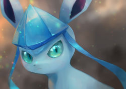 Rule 34 | blurry, closed mouth, commentary request, creatures (company), from side, game freak, gen 4 pokemon, glaceon, green eyes, highres, kikuyoshi (tracco), looking at viewer, looking to the side, nintendo, no humans, pokemon, pokemon (creature), smile, solo