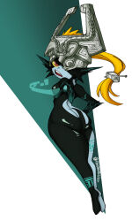 Rule 34 | 1girl, ass, blonde hair, breasts, butt crack, colored sclera, completely nude, curvy, fang, female focus, helmet, highres, hip focus, huge ass, legs, looking at viewer, looking back, marusaru maia, midna, monster girl, nintendo, nude, one eye covered, open mouth, orange eyes, pointing, pointy ears, ponytail, sharp teeth, shortstack, small breasts, tattoo, tattoo on legs, teeth, the legend of zelda, the legend of zelda: twilight princess, thick thighs, thighs, thighs together, wide hips, yellow eyes, yellow sclera