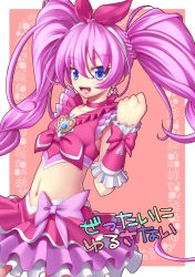 Rule 34 | 10s, 1girl, :d, :p, blue eyes, bow, brooch, choker, clenched hand, cure melody, dress, earrings, frills, hair ribbon, hairband, happy, heart, houjou hibiki, jewelry, long hair, magical girl, midriff, navel, open mouth, pink bow, pink hair, precure, ribbon, smile, solo, suite precure, tongue, tongue out, translation request, twintails, wrist cuffs, yosugara shou