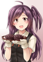 Rule 34 | 10s, 1girl, ahoge, blouse, blush, brown eyes, food, gloves, hagikaze (kancolle), highres, kamelie, kantai collection, kerchief, long hair, looking at viewer, neck ribbon, open mouth, pun, purple hair, ribbon, school uniform, shirt, short sleeves, side ponytail, smile, solo, upper body, vest, white gloves