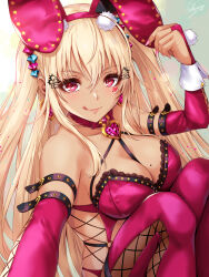 Rule 34 | 1girl, :q, animal ears, arm strap, bare shoulders, blonde hair, blush, boots, breasts, cleavage, commentary request, detached collar, earrings, fake animal ears, hand up, heart, heart earrings, high heels, highres, jewelry, knees up, large breasts, leotard, long hair, looking at viewer, mole, mole on breast, navel, o-ring, original, playboy bunny, rabbit ears, reaching, reaching towards viewer, red eyes, red leotard, revealing clothes, sakiyamama, selfie, sidelocks, sitting, solo, tan, tongue, tongue out, two side up, upper body, wrist cuffs
