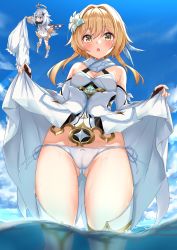 Rule 34 | 2girls, bare shoulders, blonde hair, bloomers, unworn bloomers, blue sky, blush, breasts, cameltoe, clothes lift, day, detached sleeves, dress, dress lift, flower, from below, genshin impact, gluteal fold, hair flower, hair ornament, highres, holding, lifted by self, lily (flower), long hair, long sleeves, looking at viewer, lumine (genshin impact), meri-san, multiple girls, open mouth, outdoors, paimon (genshin impact), panties, side-tie panties, skirt, skirt lift, sky, small breasts, standing, string panties, thighhighs, thighs, underwear, wading, water, wet, white dress, white legwear, white panties, yellow eyes
