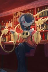 Rule 34 | absurdres, bar (place), bare shoulders, blue hair, blue skin, breasts, cleavage, colored skin, detached collar, detached sleeves, drink, full body, hair over one eye, highres, leviathan (skullgirls), long skirt, medium breasts, purple hair, side ponytail, skirt, skull, skullgirls, squigly (skullgirls), stitched mouth, stitches, striped legwear, striped sleeves, zombie
