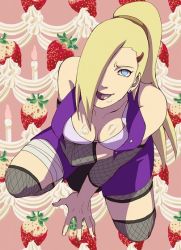 Rule 34 | 1girl, artist request, bandages, blonde hair, blue eyes, breasts, cleavage, earrings, female focus, food, from above, fruit, hair ornament, hair over one eye, jewelry, long hair, naruto, naruto (series), ninja, ponytail, skirt, solo, strawberry, tongue, tongue out, yamanaka ino