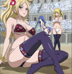 Rule 34 | 3girls, bikini, black legwear, blonde hair, blue eyes, blue hair, blush, breasts, fairy tail, female focus, highres, jenny realight, jewelry, juvia lockser, large breasts, long hair, lucy heartfilia, multiple girls, no shoes, screencap, sitting, stitched, swimsuit, thighhighs, third-party edit