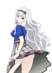 Rule 34 | 1girl, ass, blue shirt, breasts, clothes lift, covered erect nipples, from behind, grey skirt, hairband, highres, idolmaster, idolmaster (classic), idolmaster cinderella girls, lace, lace-trimmed skirt, lace trim, lifting own clothes, long hair, looking at viewer, looking back, medium breasts, minpei ichigo, panties, pantyshot, pink panties, plaid, plaid skirt, pleated skirt, puffy short sleeves, puffy sleeves, purple eyes, shijou takane, shirt, short sleeves, silver hair, simple background, skirt, skirt lift, smile, solo, standing, underwear, very long hair, white background