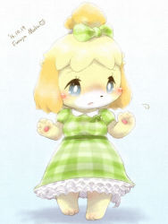 Rule 34 | 1girl, alternate costume, animal crossing, animal ears, animal hands, artist name, barefoot, bell, blonde hair, blue background, blush, blush stickers, bow, breasts, colored sclera, dated, dog ears, dog tail, dress, feet, female focus, flying sweatdrops, furry, furry female, furuya muku, green bow, green dress, grey sclera, hair bell, hair bow, hair ornament, hands up, isabelle (animal crossing), jingle bell, jpeg artifacts, nintendo, open mouth, short hair, short sleeves, signature, simple background, small breasts, solo, standing, tail, text focus, white eyes