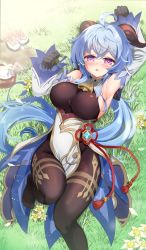 Rule 34 | 1girl, ahoge, arm up, armpits, bare shoulders, bell, black gloves, black legwear, blue hair, blush, breasts, chestnut mouth, chinese knot, coconut, detached sleeves, drinking straw, flower knot, fruit cup, ganyu (genshin impact), genshin impact, gloves, gold trim, highres, horns, large breasts, long hair, looking at viewer, low ponytail, lying, mikage (shibi), neck bell, no shoes, on back, open mouth, pelvic curtain, purple eyes, red rope, rope, shoes, unworn shoes, sideboob, sidelocks, solo, tassel, thighlet, thighs, vision (genshin impact), waist cape, white sleeves