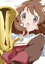 Rule 34 | 1girl, :o, absurdres, blush, brown eyes, brown hair, brown shirt, euphonium, hibike! euphonium, highres, holding, holding instrument, instrument, kitauji high school uniform, long sleeves, looking at viewer, neckerchief, open mouth, oumae kumiko, red neckerchief, sailor collar, school uniform, serafuku, shirt, short hair, signature, simple background, solo, uniform, white background, white gorilla (okamoto), white sailor collar