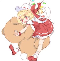 Rule 34 | 1girl, blonde hair, commentary request, dress, fang, flandre scarlet, frilled dress, frills, happy, hat, highres, mob cap, open mouth, paragasu (parags112), pointy ears, puffy short sleeves, puffy sleeves, red dress, red eyes, red footwear, red ribbon, ribbon, shirt, short sleeves, sketch, smile, socks, solo, stuffed animal, stuffed toy, teddy bear, touhou, white hat, white shirt, white socks, wings