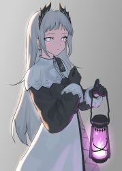 Rule 34 | 1girl, arknights, black gloves, black jacket, capelet, closed mouth, commentary, cowboy shot, earrings, fire, gloves, gradient background, grey background, grey hair, hands up, head wings, highres, holding, holding lantern, irene (arknights), jacket, jewelry, lantern, long hair, long sleeves, looking at viewer, natoriusu sansei, pink pupils, scar, scar across eye, sidelocks, simple background, skirt, solo, white capelet, white eyes, white fire, white skirt, wings