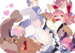 Rule 34 | 5girls, :3, abigail williams (fate), animal ear fluff, animal ears, animal hands, apron, bell, bow, breasts, chibi, collar, elizabeth bathory (fate), elizabeth bathory (fate/extra ccc), elizabeth bathory (second ascension) (fate), fang, fate/extra, fate/extra ccc, fate/grand order, fate (series), floating, fox ears, fox girl, fox tail, frilled skirt, frills, gloves, hair bow, hajime (hajime-ill-1st), highres, large breasts, maid, maid apron, maid headdress, mash kyrielight, multiple girls, neck bell, open mouth, paw gloves, paw pose, paw shoes, petticoat, pink hair, ponytail, red bow, red collar, simple background, skirt, slit pupils, smile, tail, tamamo (fate), tamamo cat (fate), tamamo cat (second ascension) (fate), thighhighs, white apron, white background, white legwear, yellow eyes