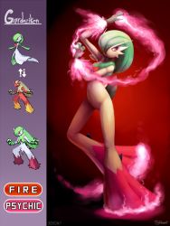 Rule 34 | 1girl, 2017, absurdres, arm up, artist name, blaziken, character name, claws, creatures (company), dated, female focus, fire, full body, furry, furry female, fusion, game freak, gardevoir, gen 3 pokemon, gradient background, green hair, hair over one eye, hand up, highres, legs apart, looking to the side, magic, nintendo, open mouth, outta sync, pink eyes, pixel art, pokemon, pokemon (creature), pokemon rse, red background, short hair, signature, simple background, solo, standing, text focus