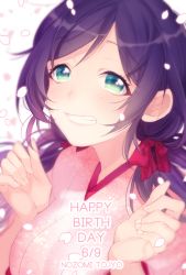 Rule 34 | 10s, 1girl, blush, breasts, character name, fingernails, green eyes, grin, happy birthday, japanese clothes, katase waka, kimono, large breasts, long hair, love live!, love live! school idol festival, love live! school idol project, petals, purple hair, smile, solo, tojo nozomi, twintails