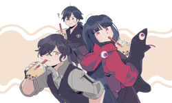 Rule 34 | 1girl, 2boys, ?, black hair, black vest, brown eyes, bubble tea, closed mouth, cup, drink, drinking, drinking straw, drinking straw in mouth, fate/grand order, fate (series), fingerless gloves, fingernails, gloves, grey shirt, hand puppet, holding, holding cup, holding drink, jacket, japanese clothes, long hair, multiple boys, okada izou (fate), oneroom-disco, oryou (fate), pink eyes, ponytail, puppet, red jacket, sakamoto ryouma (fate), shirt, smile, sparse stubble, sweatdrop, very long hair, vest