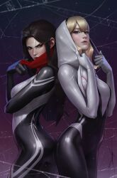 Rule 34 | 2girls, absurdres, ass-to-ass, black eyes, black gloves, black hair, black hairband, blonde hair, blue eyes, bodysuit, breasts, cindy moon, comic cover, commentary, cover image, english commentary, gloves, gwen stacy, hair behind ear, hairband, head tilt, highres, hood, hooded bodysuit, jee-hyung lee, looking at viewer, marvel, mask pull, medium breasts, multiple girls, official art, realistic, silk (marvel), spider-gwen, spider-man (series), superhero costume, v-shaped eyebrows, white gloves